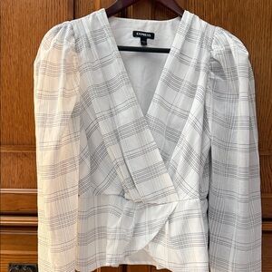 Express Check Print Plaid Tartan Faux Wrap Surplice Puff Shoulder Peplum Blouse